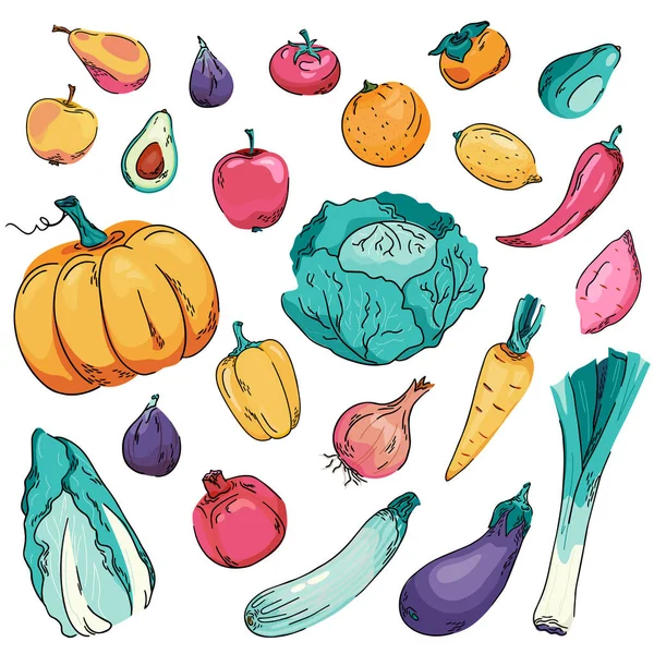 Hand drawn outline fruits and vegetables composition on white ba