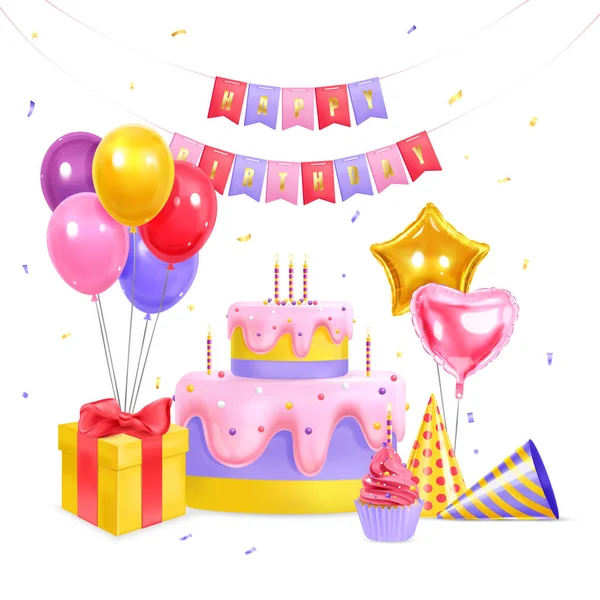 Realistic birthday elements with confetti background