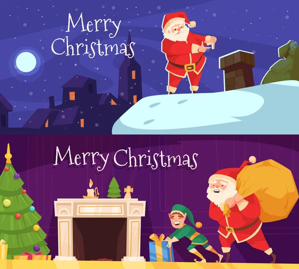 Cartoon Santa Claus Dostat Domu Prapor Horizontální Chrám — Stock fotografie
