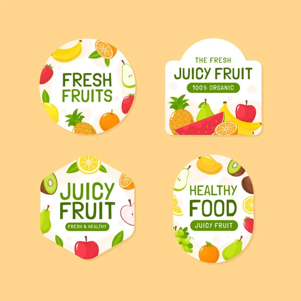 Hand drawn juicy fruit labels collection with fresh fruit pieces
