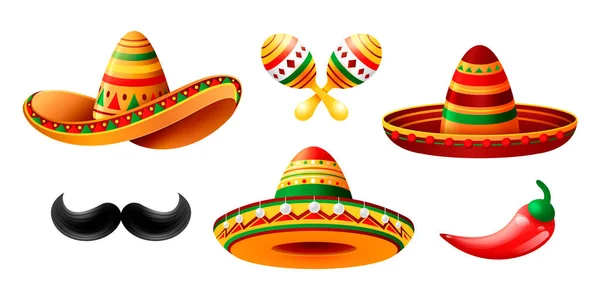 Mexikansk Hatt Set Med Maracas Mustasch Och Chili Vit Bakgrund — Stockfoto