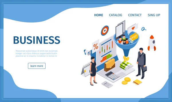 Isometric business landing page template with business people wo