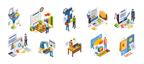 Isometric business mini illustration collection with business co