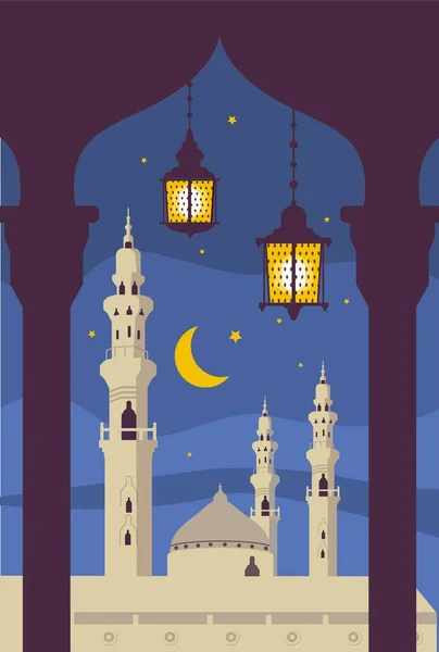 Płaska Ilustracja Meczetu Nocy — Zdjęcie stockowe