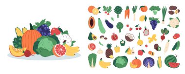 El çizimi meyve ve sebze resimleme simgesi seti