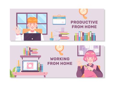 Teleworking illustration yatay afiş şablonu cha ile ayarlandı