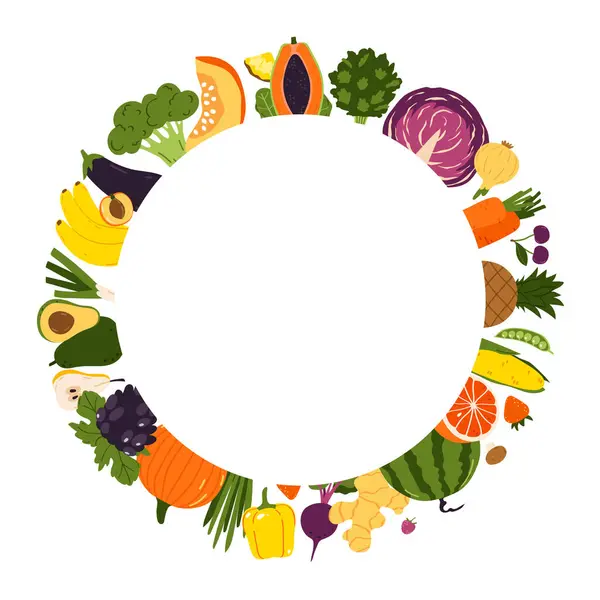 Hand drawn fruits and vegetables round frame on white background