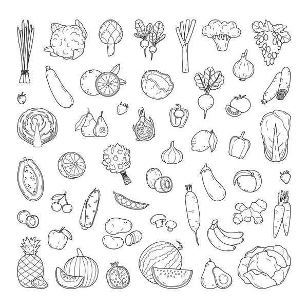 Ícone Ilustração Frutas Legumes Desenhados Mão Definido Para Colorir — Fotografia de Stock