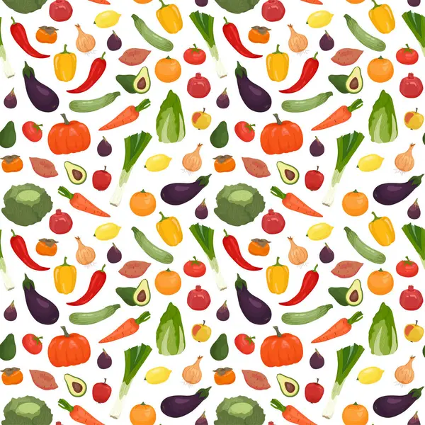 Hand drawn fruits and vegetables pattern on white background