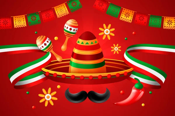 Mexikanischer Hut Mit Maracas Und Dekorativen Elementen Auf Rotem Hintergrund — Stockfoto