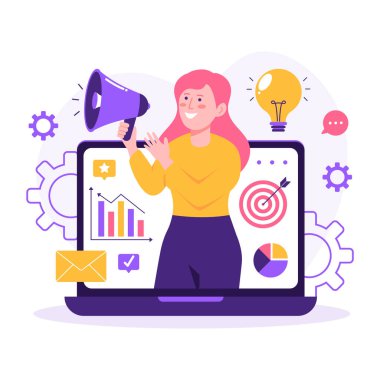 Dizüstü bilgisayarında megafon olan kız.