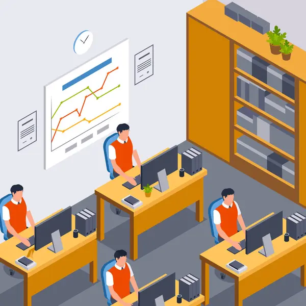 Isometric business illustration with business people working at