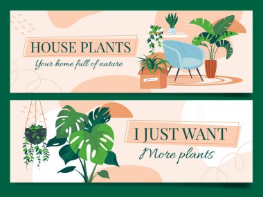 El çizimi düz ev bitkileri yatay afiş şablon koleksiyonu