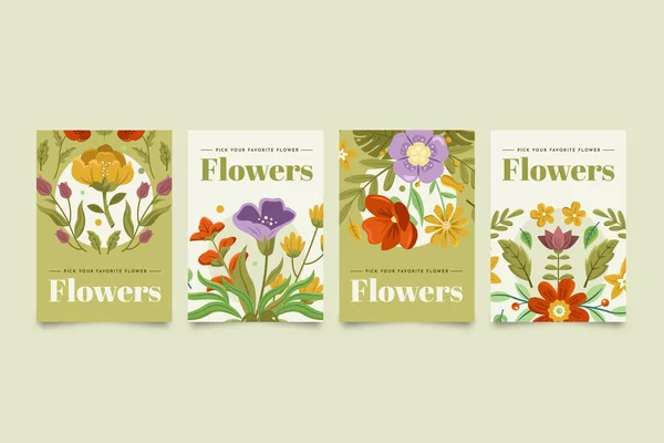 Flat hand drawn flowers cards collection with beautiful blossom flowers