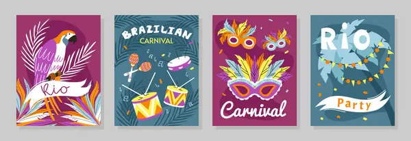 Colección Tarjetas Carnaval Brasileño Plano Dibujado Mano —  Fotos de Stock