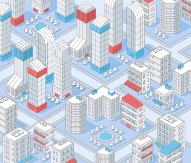 Isometric şehir binaları m ile kompozisyon illüstrasyonunu özetliyor
