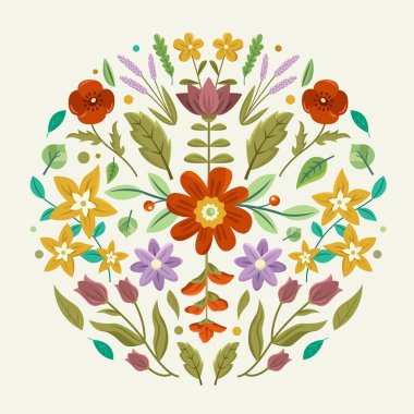 Düz elle çizilmiş çiçek kompozisyonu ve güzel çiçek çiçekleri.