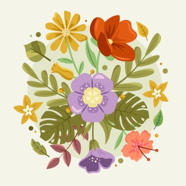 Düz elle çizilmiş çiçek kompozisyonu ve güzel çiçek çiçekleri.