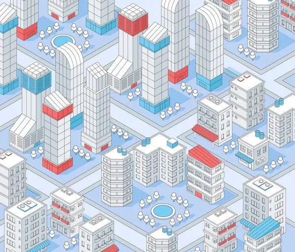 Isometric city buildings outline composition illustration with m