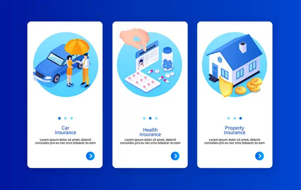 Isometric insurance app design template collection with banking