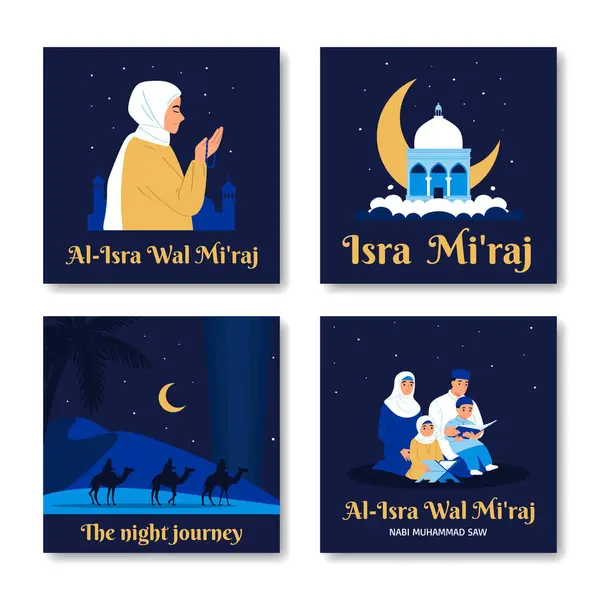 Hand Drawn Flat Isra Miraj Cards Collection Muslim People — Stock Photo, Image