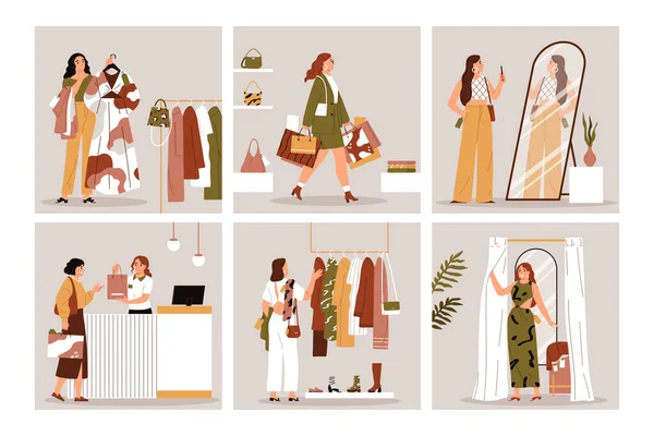 Kvinna Shopping Sammansättning Platt Design — Stockfoto
