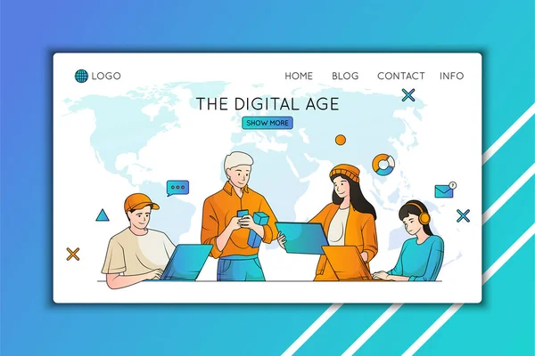 Hand drawn people using technology landing page template with yo