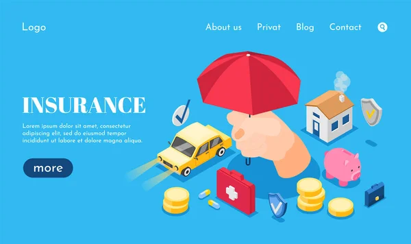 Isometric Insurance Landing Page Template Big Umbrella — Stock Photo, Image