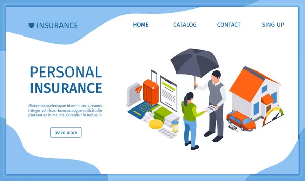 Isometric personal insurance landing page template with people a