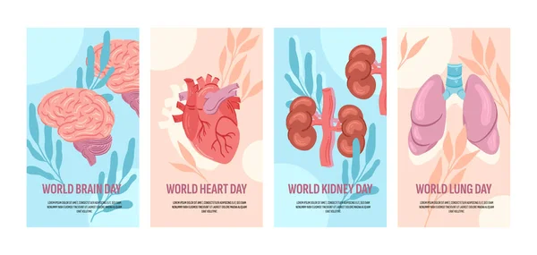 Hand drawn flat human organ vertical cards collection with leave