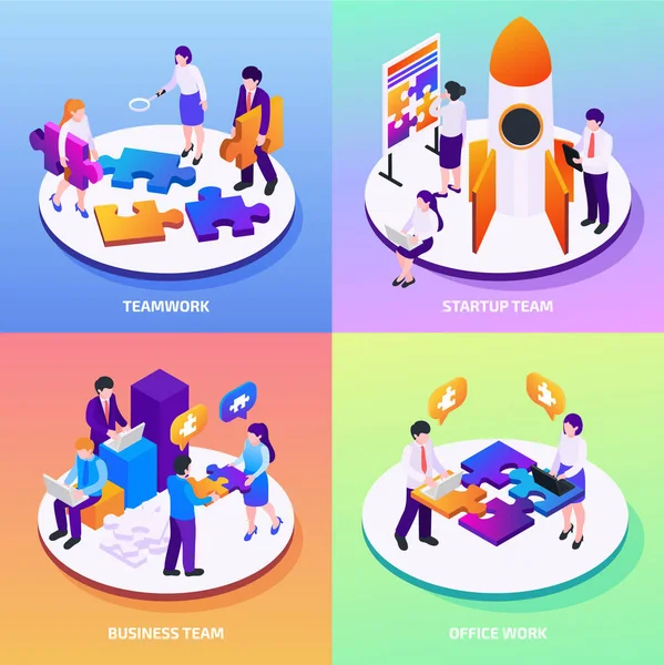 Isometric teamwork business illustration concept set with business people