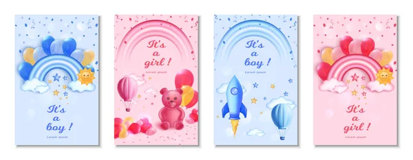 Realistische Babyduschkarten Kollektion Für Jungen Und Mädchen Mit Spielzeug — Stockfoto