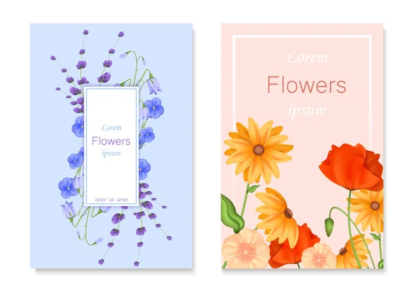 Plantilla Colección Tarjetas Florales Realistas Con Flores Coloridas Decorativas —  Fotos de Stock