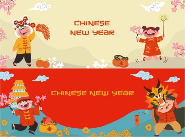 El çizimi Çin Yeni Yıl Sancakları şablonu