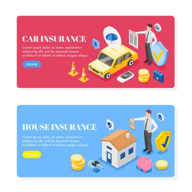 Isome sigorta yatay afiş şablonu ile araba ve ev
