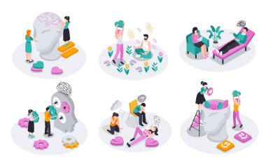 Mental health compositions in isometric view clipart