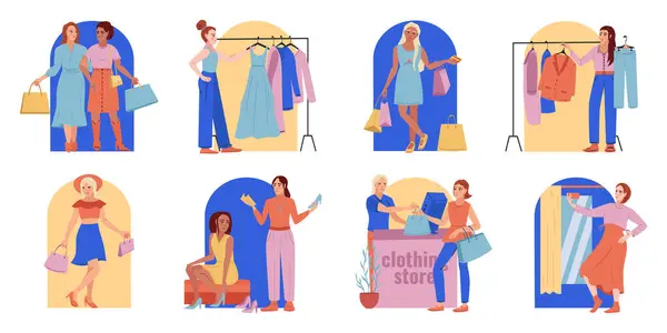 Kvinnor Shopping Illustrationer Platt Design — Stockfoto