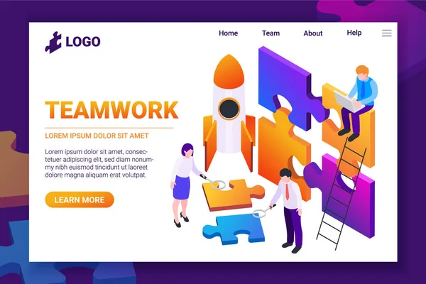 Isometric business teamwork landing page template with business