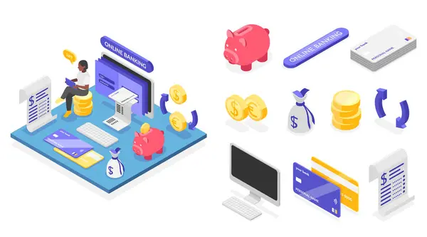 Bank services illustration and icons in isometric view