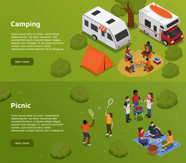 Isometric picnic barbeque horizontal banner template collection