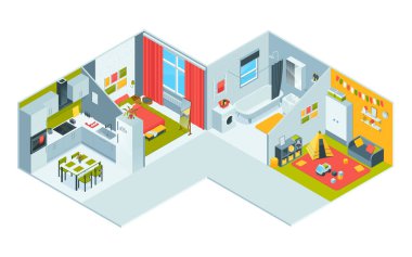 Isometric çizgi film evleri oda kompozisyonu