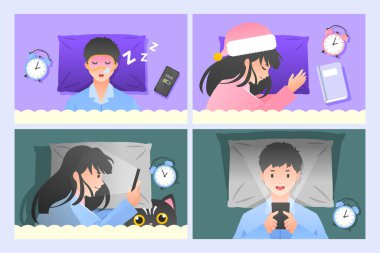 Yatma zamanı çizilmiş düz çizgi film kompozisyonu