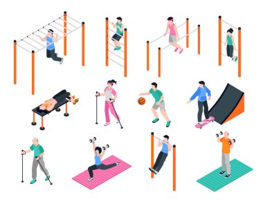 Açık hava eğitimli izometrik çizgi film seti