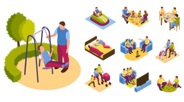 Isometric çizgi film aile simgeleri ve illüstrasyon seti
