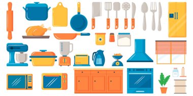 El çizimi düz çizgi film Yemek pişirme ögeleri ayarlandı