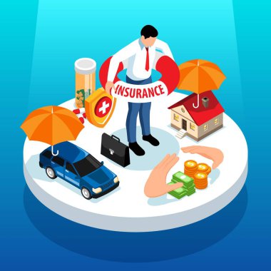 Isometric sigorta bileşimi arkaplanı finans simgesi III