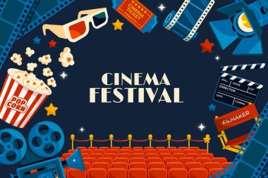 Koltukları ve film unsurlarıyla el çizimi düz sinema arka planı