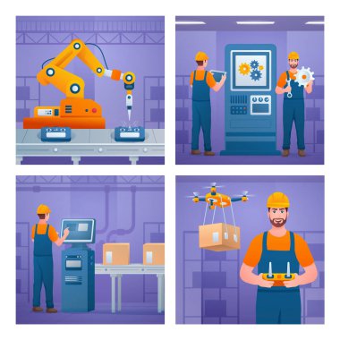 Düz tasarımda akıllı sanayi illüstrasyonları
