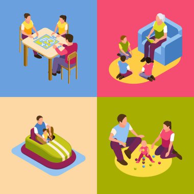 Isometric çizgi film aile sahne kompozisyonu seti