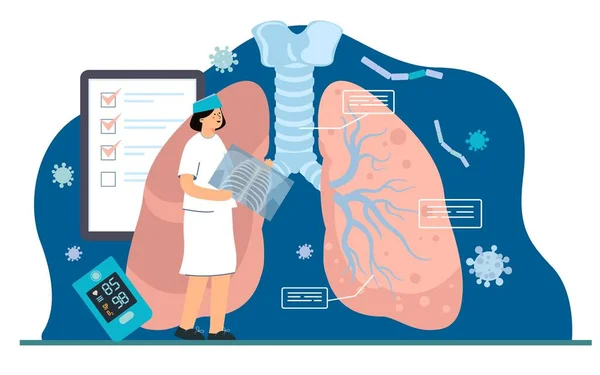 Hand drawn flat organ composition with lungs and a woman doctor